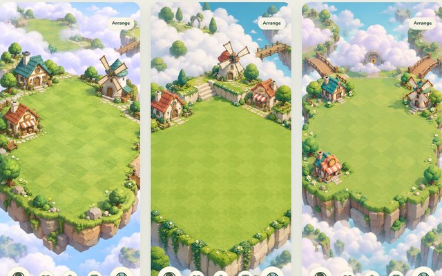 Three phone screens showing a floating island village with a windmill, cottages and bridges