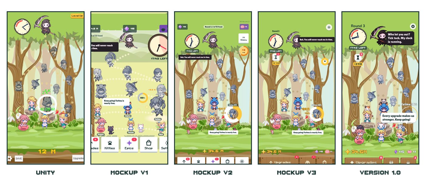The main screen in five steps: the Unity prototype, mockups v1, v2 and v3, and version 1.0