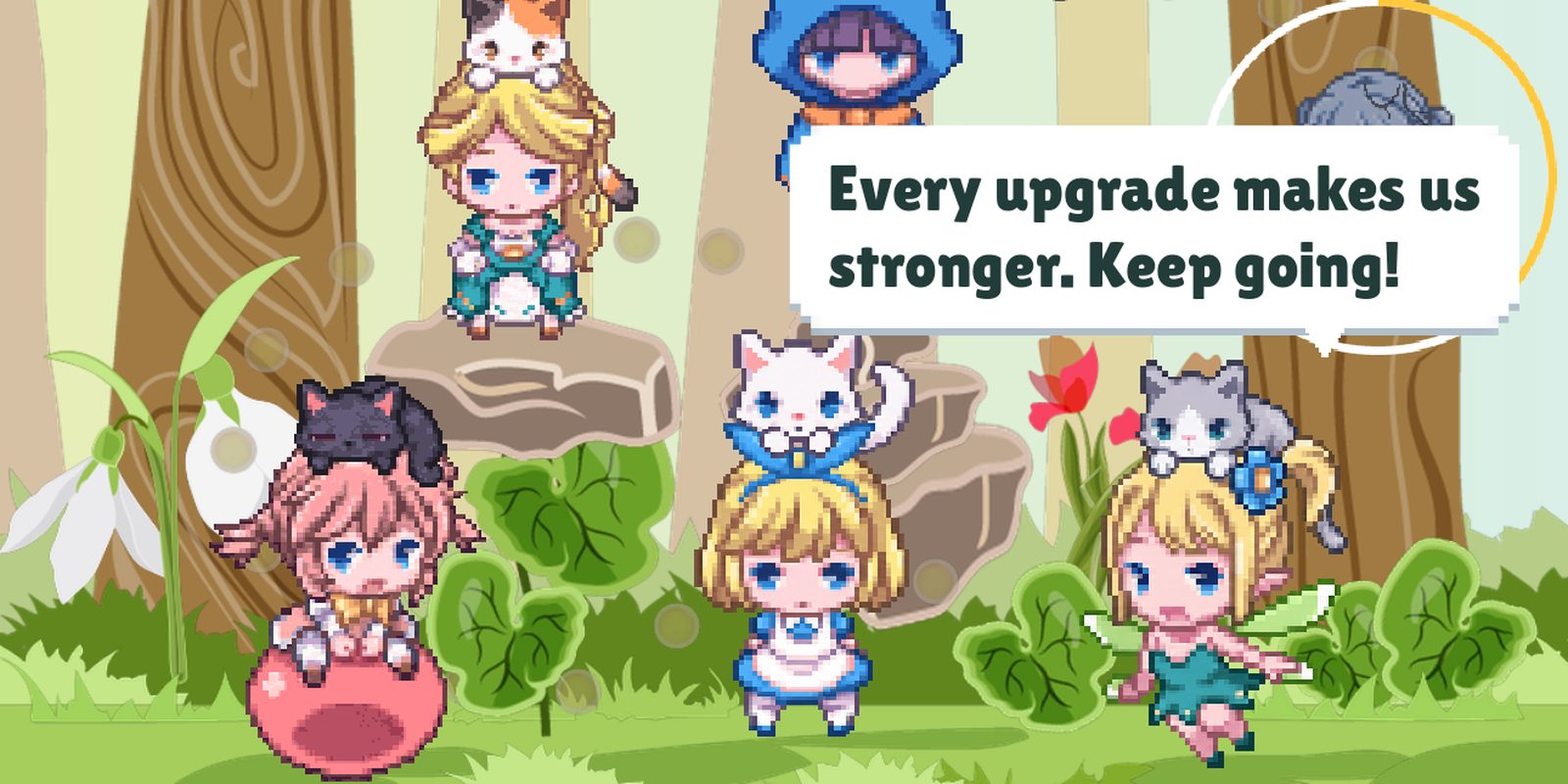 Freed fairies and their kitties on the forest floor, one saying "Every upgrade makes us stronger. Keep going!"