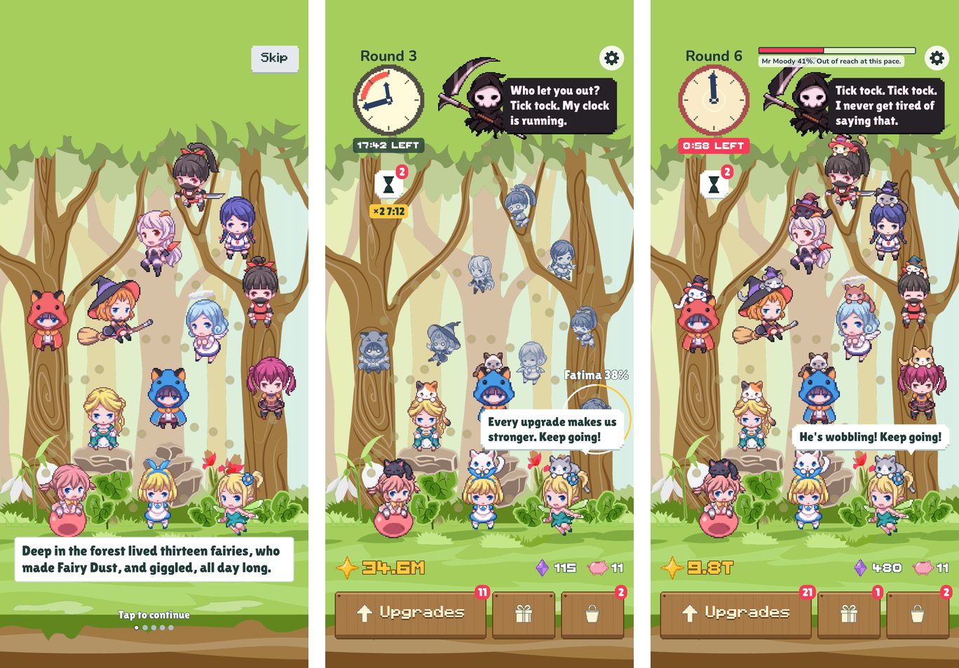Three screens from the game: the story's opening, the forest with fairies freed, and the fight with Mr Moody and his clock