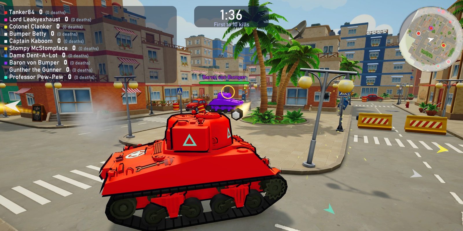 A red cartoon tank in a street of the resort town, aiming at a purple tank by the palm trees, with the scoreboard, the battle clock and the radar along the top