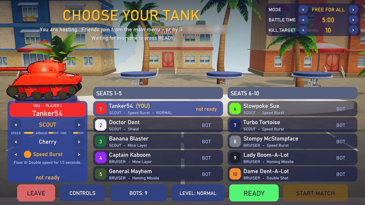 The lobby: the player's tank on a pedestal, the ten seats with their bots, and the match options