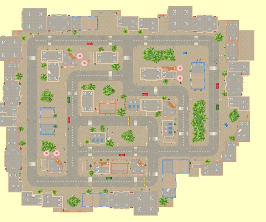 The resort town from above: streets, plazas, parks and the buildings between them