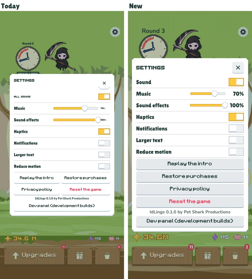 Settings before and after