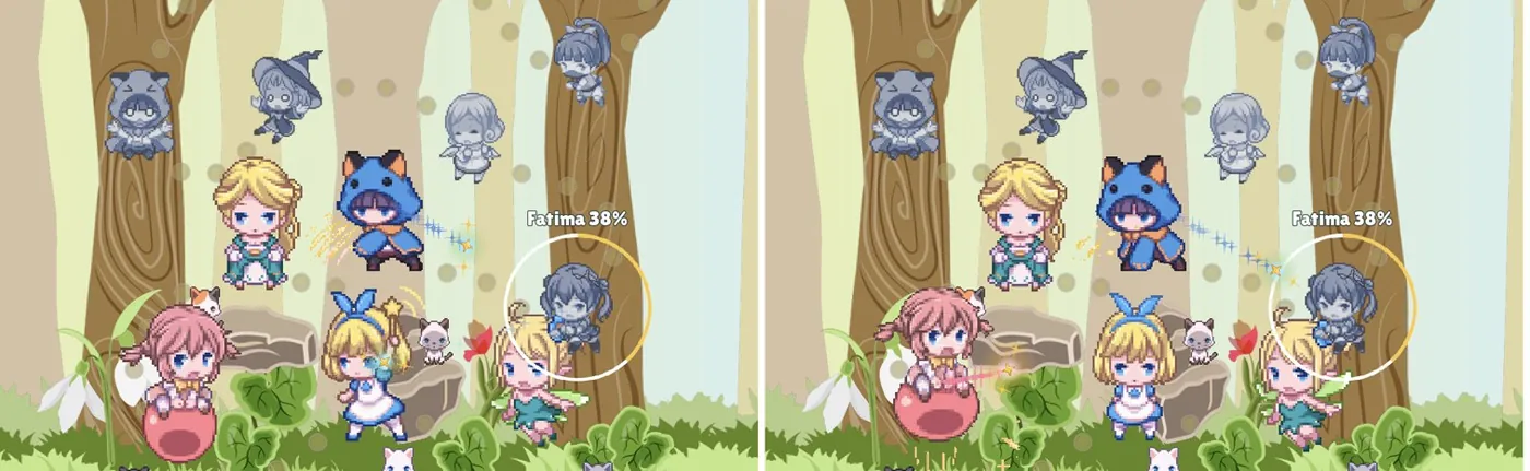 Two fairies attacking a statue in the game, with Dust flying from their hits