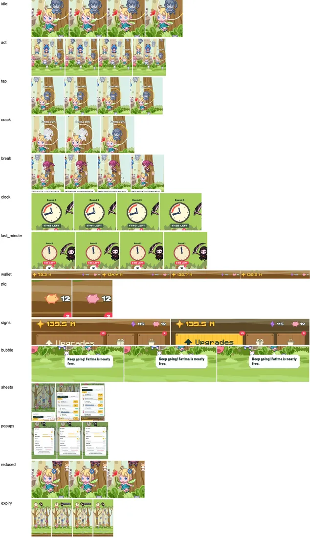 Frame strips of the game's motion, idle, attack, tap, crack, break, the clock and the bubbles