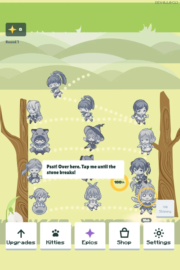First-draft mockup of the main screen at the start of a round, statues in a winding chain