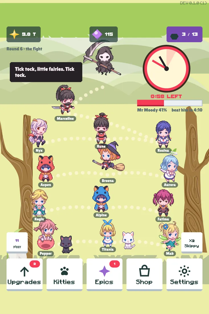 First-draft mockup of the fight with Mr Moody, a big clock and his speech bubble