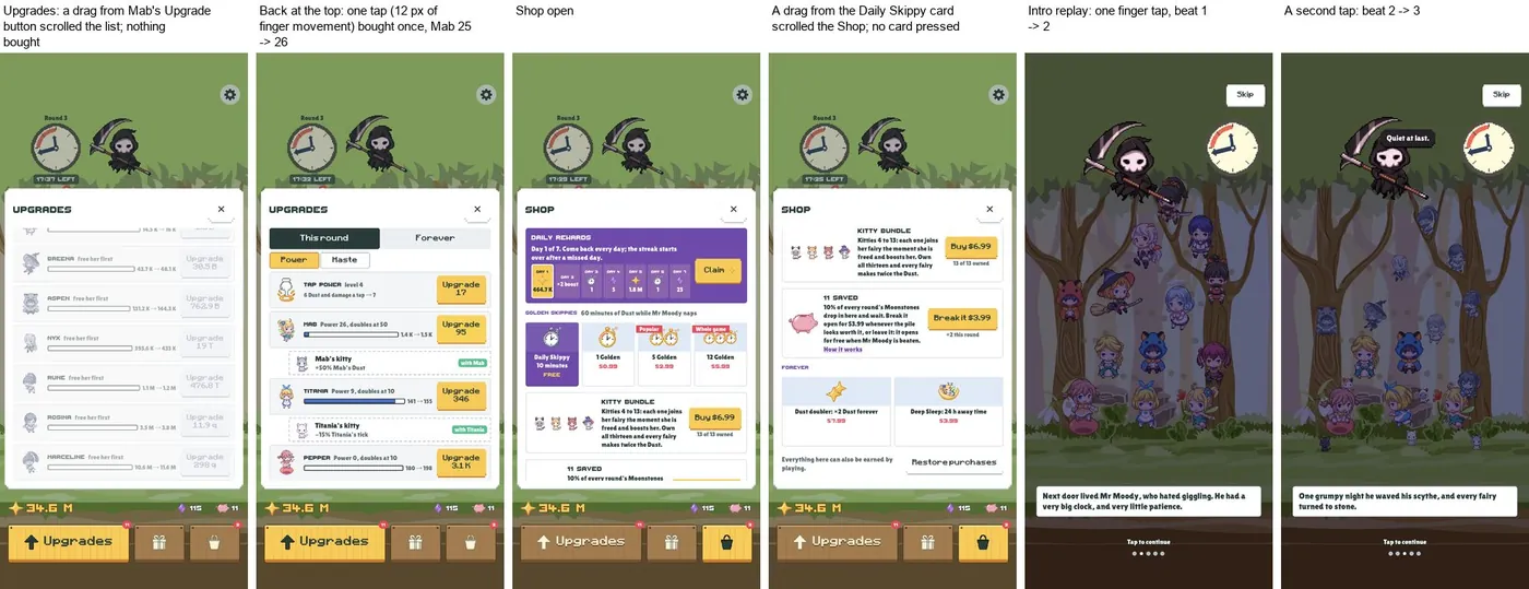 Phone captures of scrolling and tapping in Upgrades and the Shop after the touch fix
