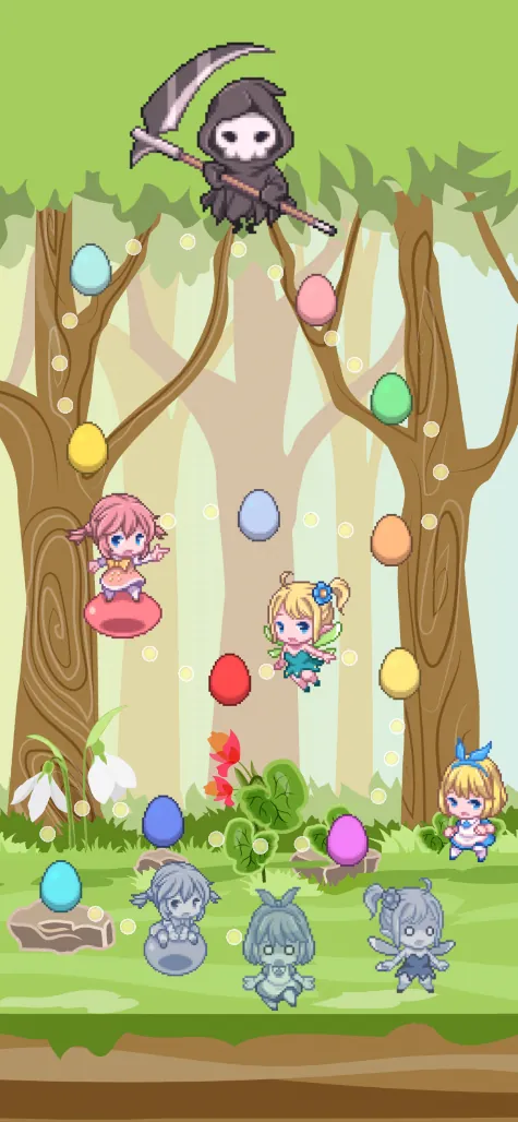 The Unity gameboard in January 2020, two big trees with fairies, stone statues and coloured eggs, the reaper at the top