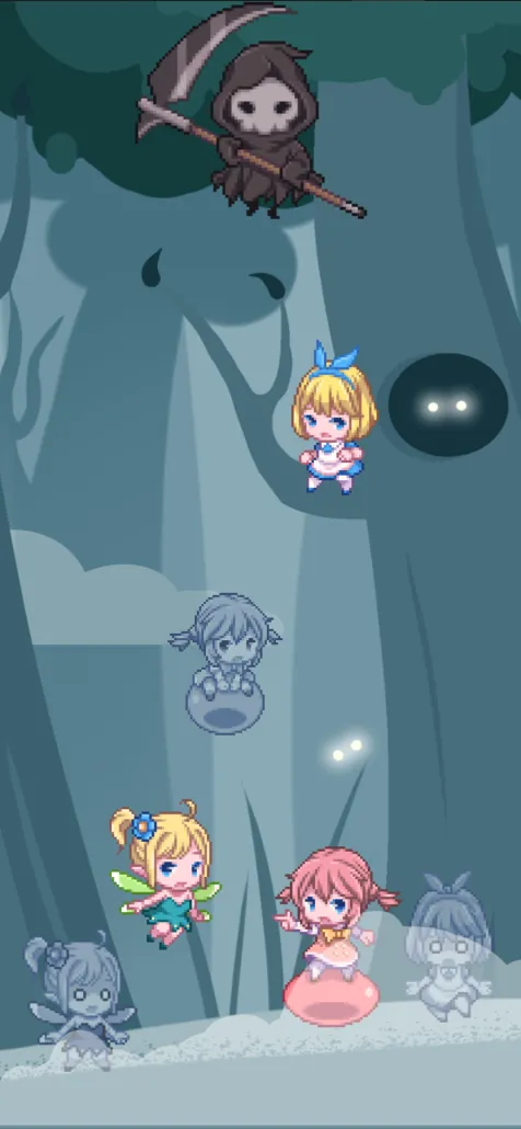 A dark blue forest scene with glowing eyes, the reaper, two fairies and stone statues