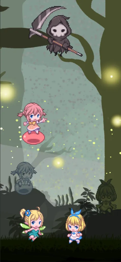 A misty forest at dusk with fireflies, the reaper in a tree and fairies below