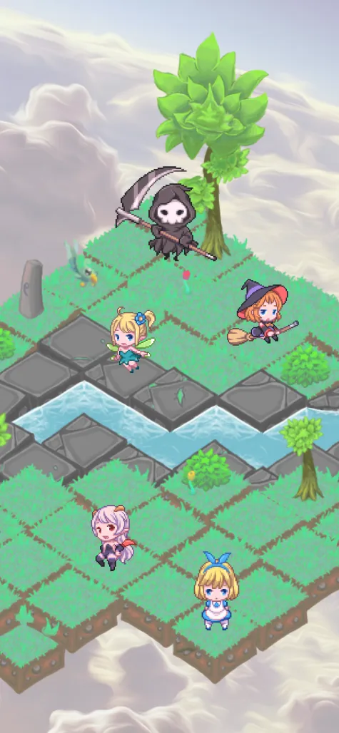 Fairies on a floating isometric island of grass tiles with a stream, over the clouds