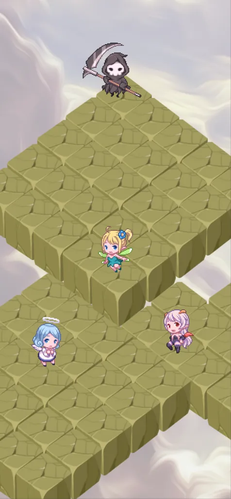 A world of grass blocks floating over the clouds, with the reaper and two fairies
