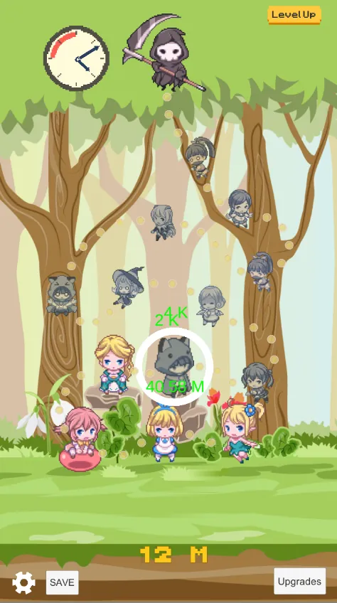 The last Unity build's main screen, a custom clock, the reaper, fairies freed on the rocks and statues up the trees