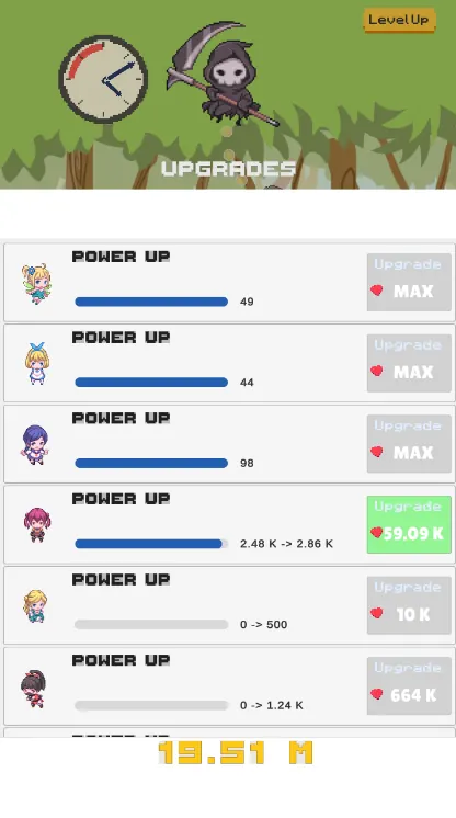 The Unity Upgrades panel, one row per fairy with a portrait, a progress bar and a price button