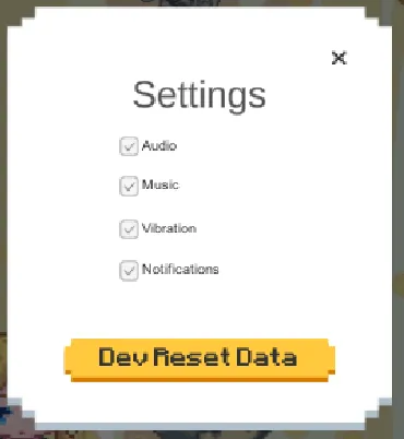 The Unity Settings popup with switches for audio, music, vibration and notifications