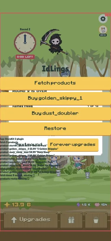 A test screen on the phone listing the store's products