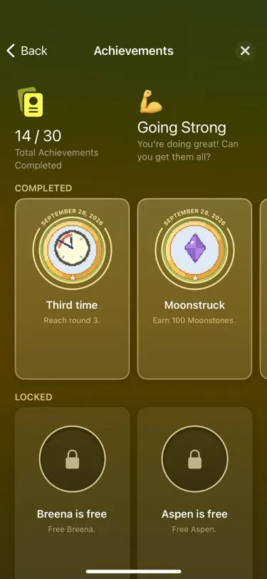 The game's achievements in Game Center, 14 of 30 completed