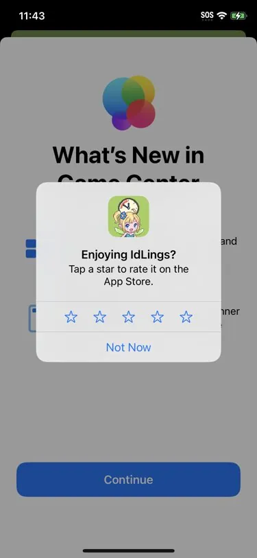 The App Store rating prompt, "Enjoying IdLings?"