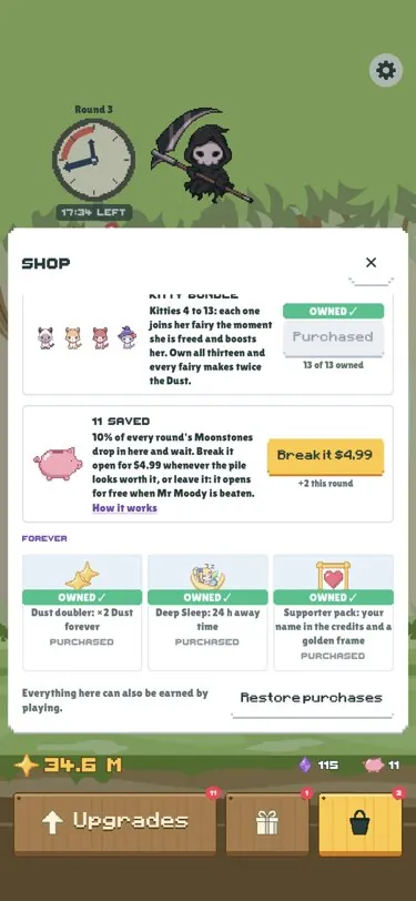 The Shop on the phone with bought items marked as owned