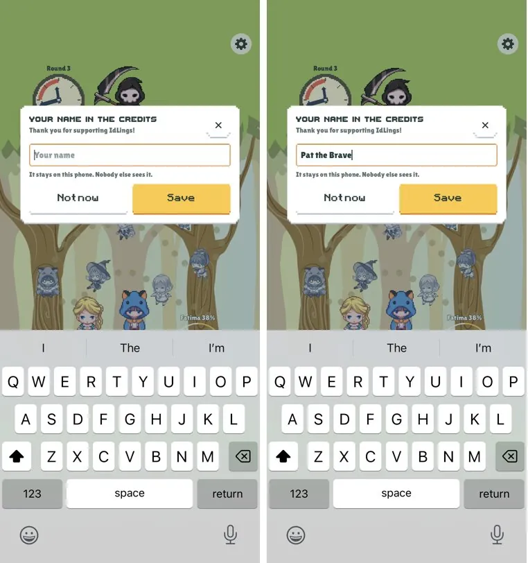 Typing a supporter's name for the credits on the phone