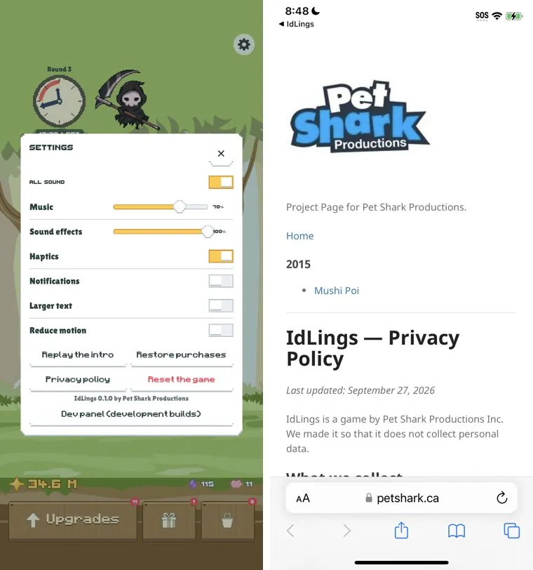 Settings on the phone, and the privacy policy it opens