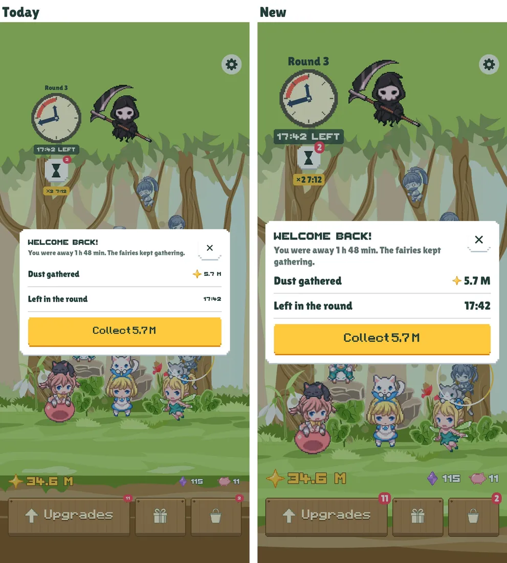 The welcome-back popup before and after
