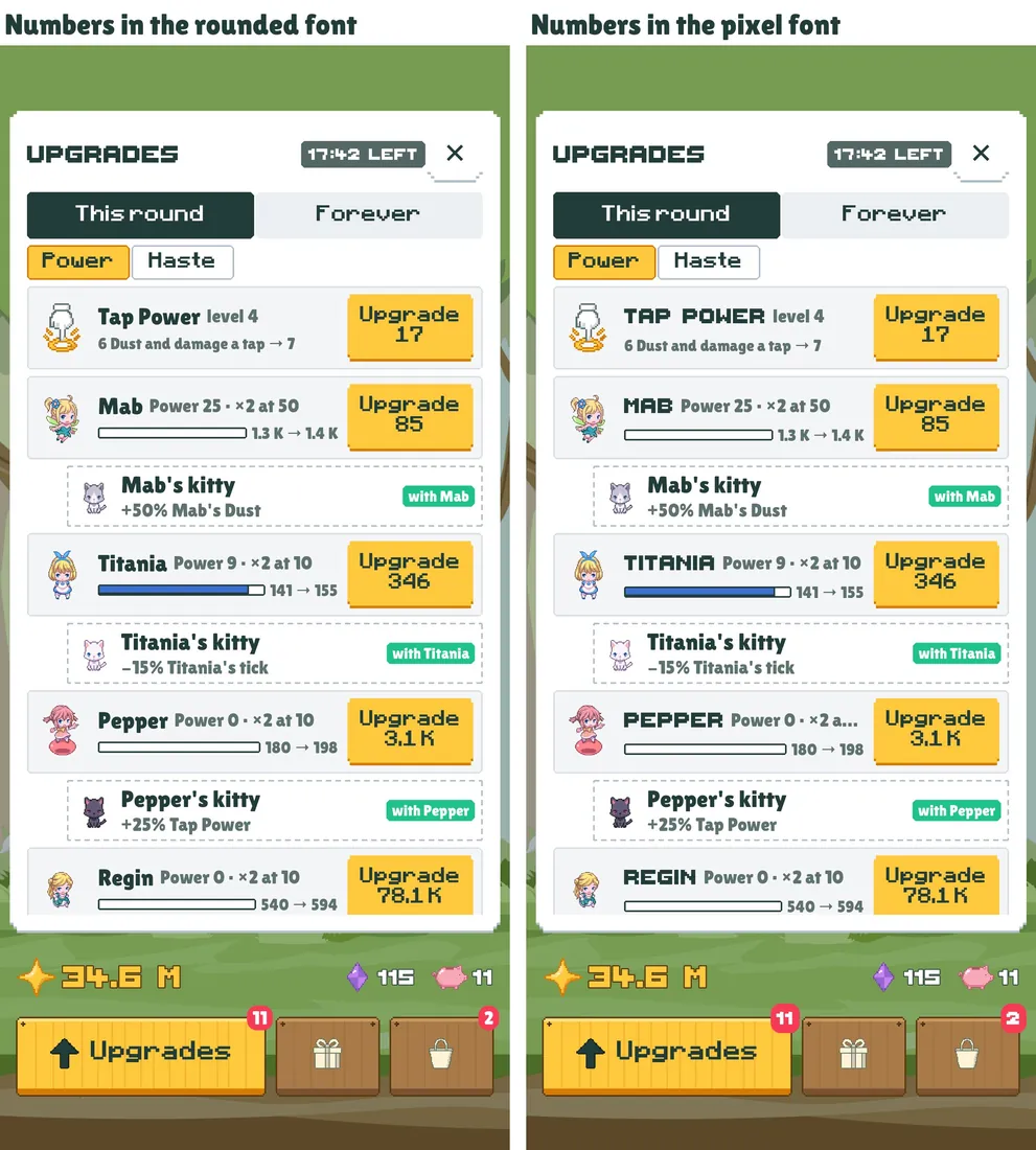 Upgrades with numbers in the rounded font beside the pixel font