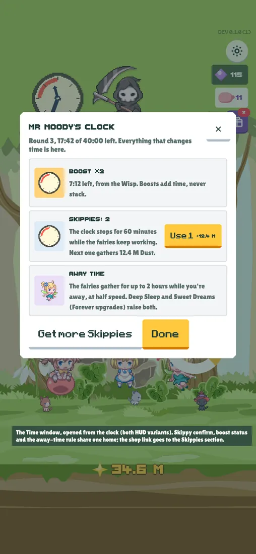 A Time window listing boosts and time skips
