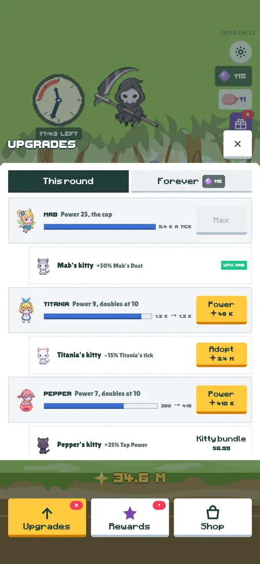 Upgrades with each fairy's kitty in a row under her