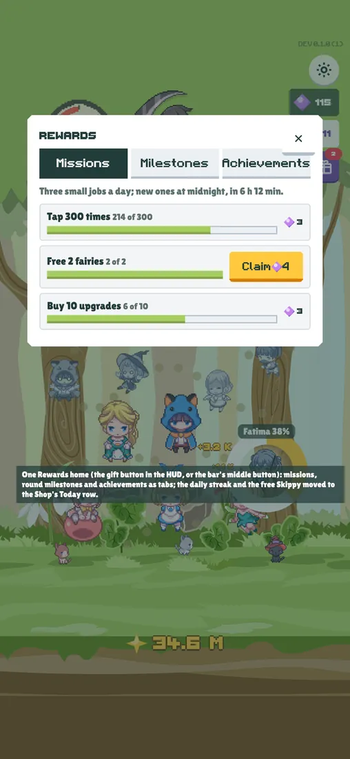 A Rewards page with missions, milestones and achievements tabs