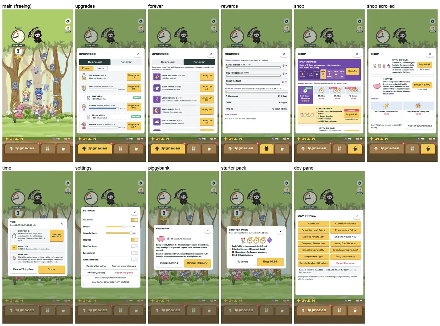 Phone captures of the main screen, Upgrades, Forever, Rewards and the Shop