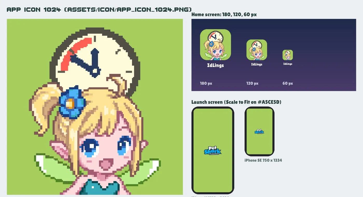 The app icon, a fairy with Mr Moody's clock on her head, shown at home-screen sizes and on the launch screen