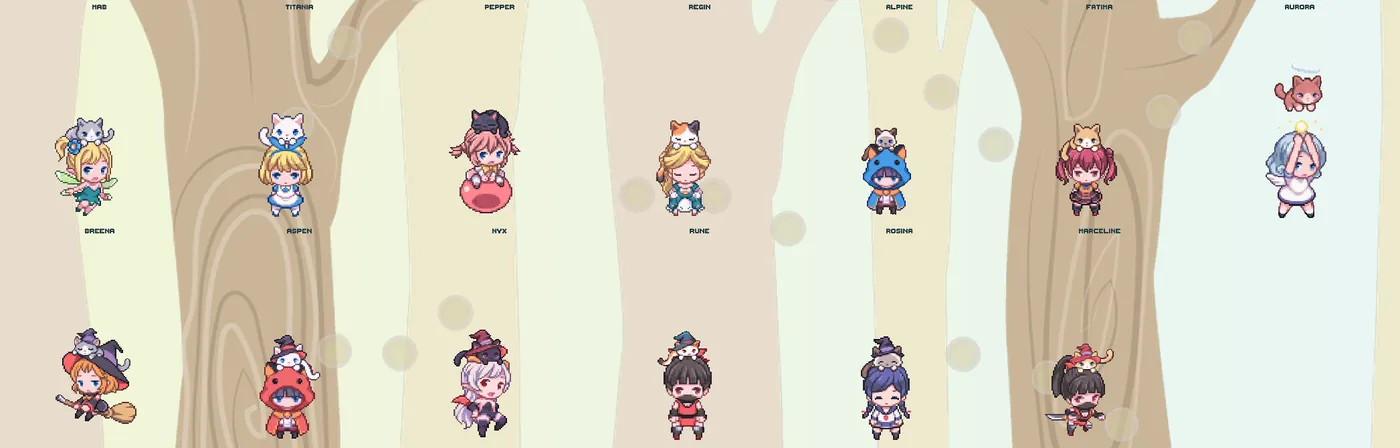 All thirteen fairies with their kitties on their heads, over the forest