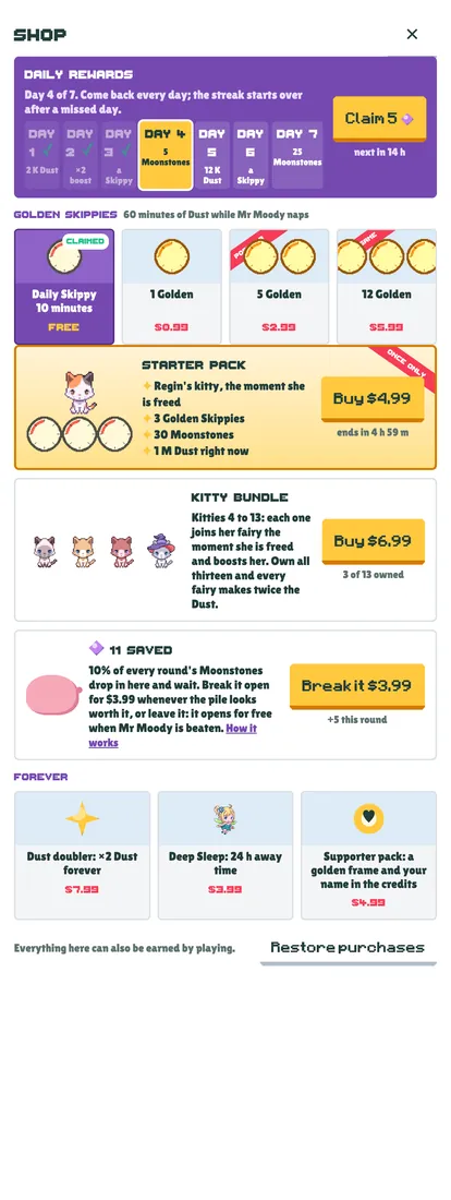 Mockup v4 of the whole Shop as one scrolling page with daily rewards, packs and the piggybank