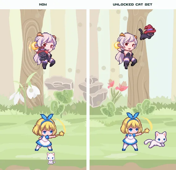 The first pilot, two fairies as they were beside versions with their kitty drawn in, over the forest