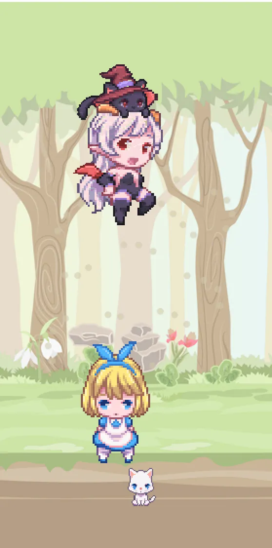 Nyx with her black kitty resting on her head, and Titania with her white kitty on the ground beside her, over the forest