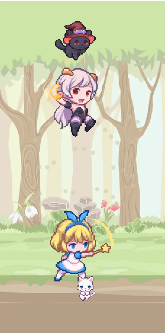 Nyx attacking while her black kitty bounces up off her head, and Titania attacking with her white kitty beside her, over the forest
