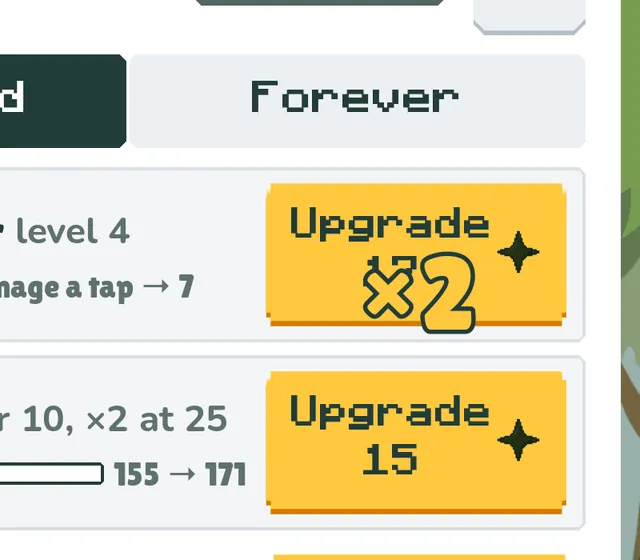 A close-up of the ×2 rising from an Upgrade button