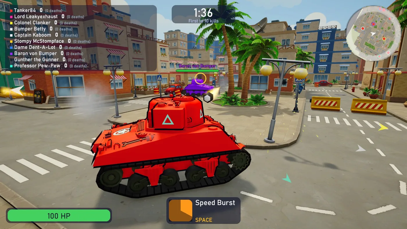 A red tank in a street of the resort town, aiming at a purple tank by the palm trees