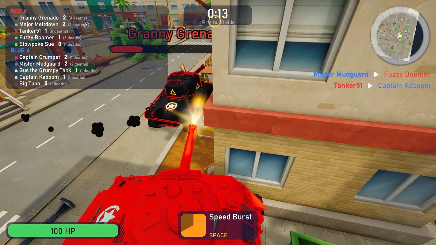 A team match in a narrow street, a black enemy tank firing towards the player's red tank