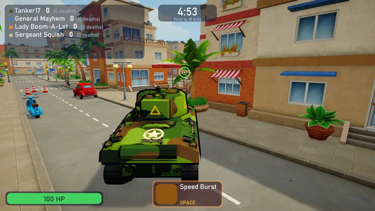 A tank in forest camouflage in a match, seen from behind in a sunny street