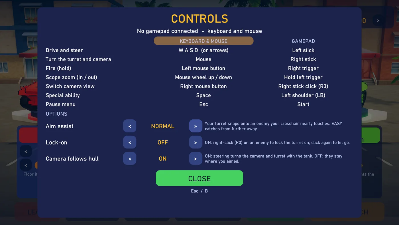 The controls panel, listing keyboard and mouse controls beside the gamepad's, with aim assist options