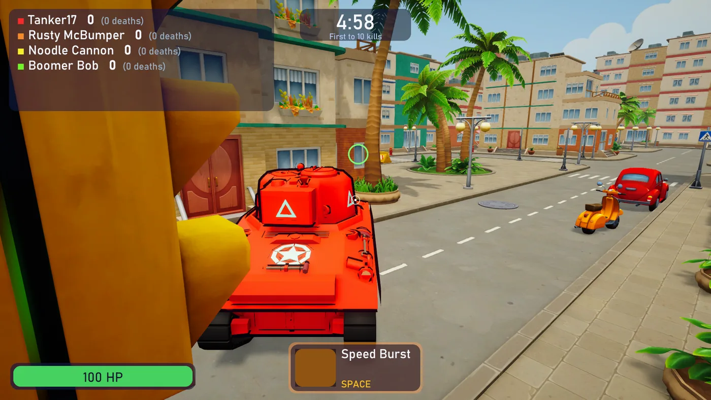 A red tank seen from close behind its turret in a street with palm trees