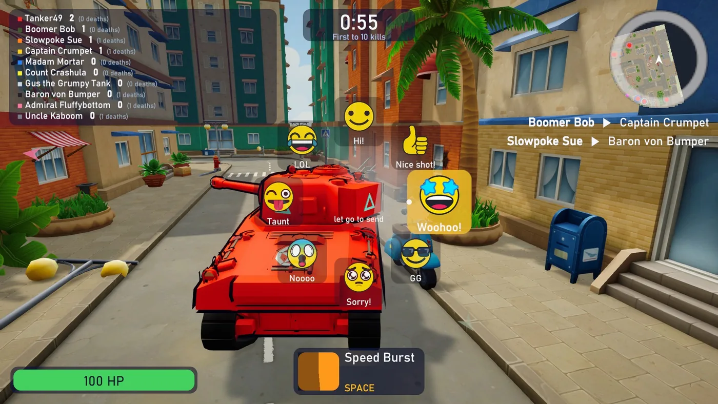 A red tank in a street with a wheel of eight emote faces round the crosshair, the starry-eyed Woohoo face picked out in yellow