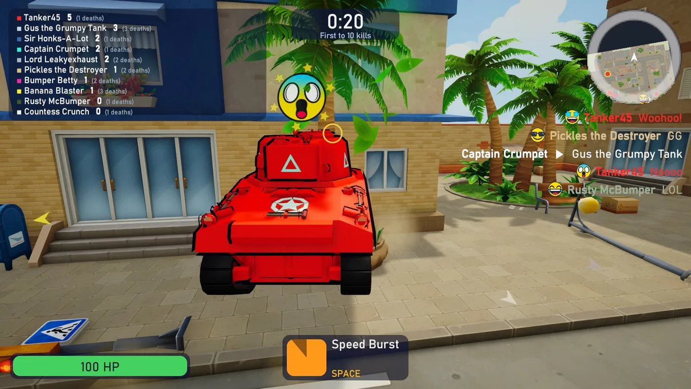 A wide-eyed emote face above a red tank, and the kill feed at the right listing emotes with their words between the kills