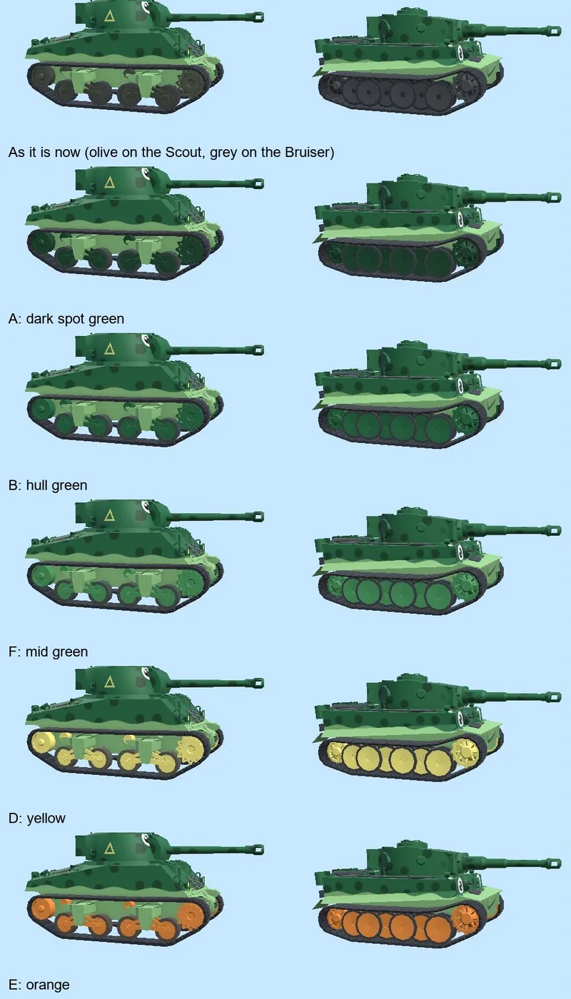 The Ribbit frog skin on both tank types with six wheel colours, its old olive and grey, then dark green, hull green, mid green, yellow and orange