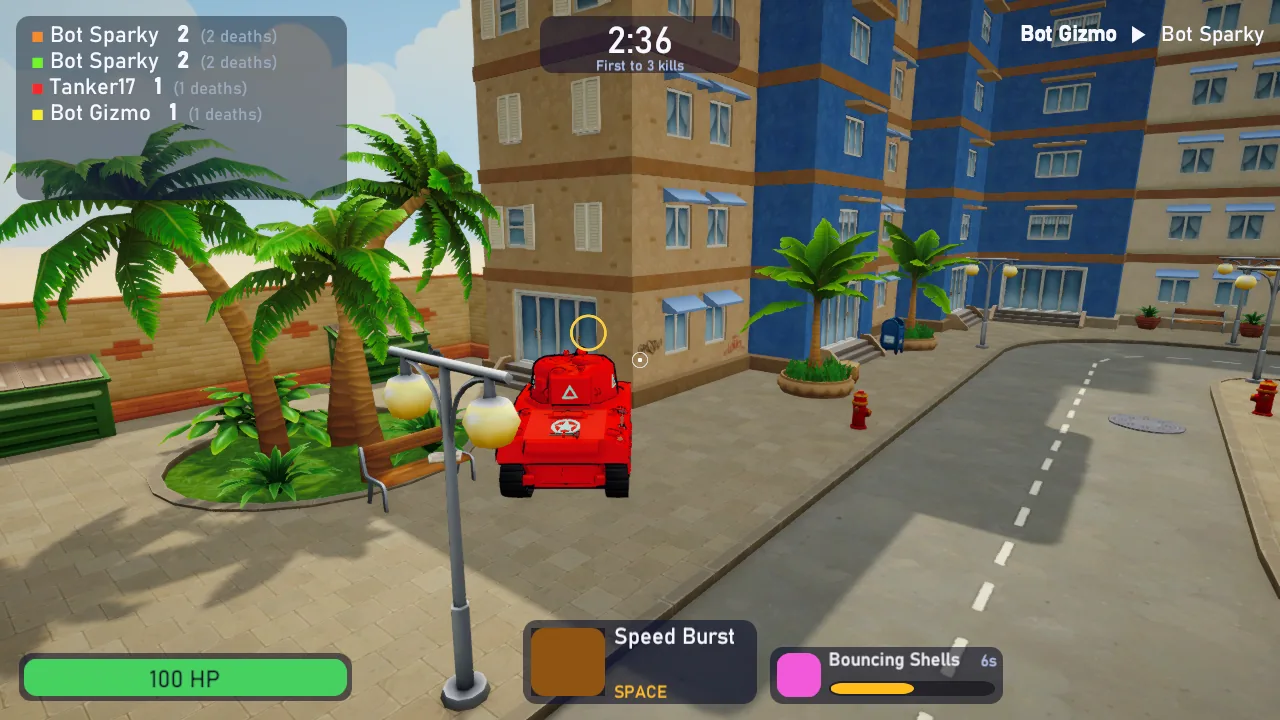 A red tank seen from behind and above in a street of tall buildings and palm trees