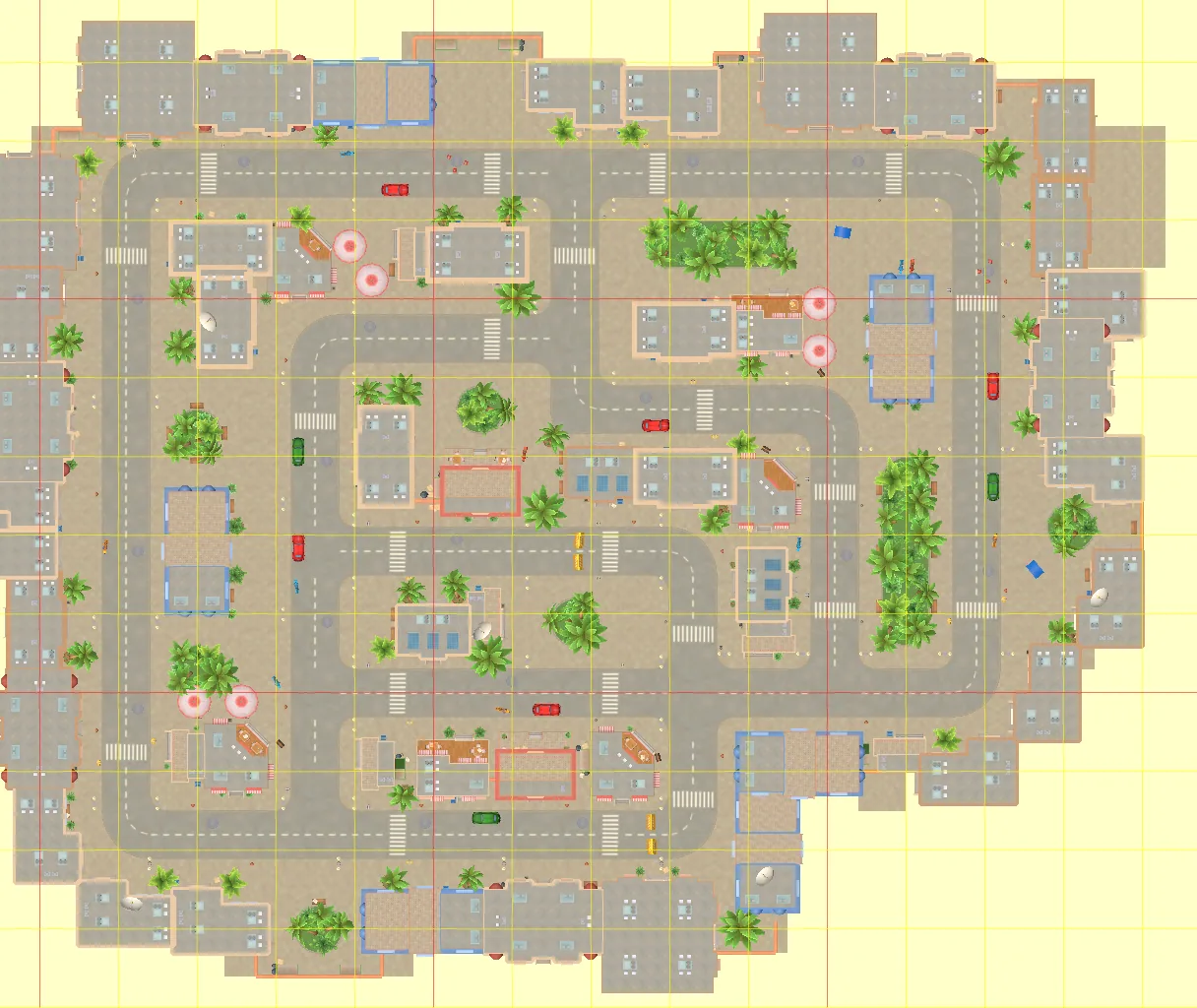 A map of the resort town from above, with its streets, plazas and parks